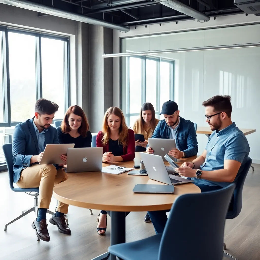 Diverse groep Nederlandse professionals die online leren op verschillende apparaten