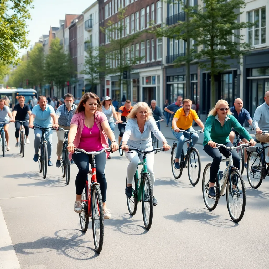 Diverse groep mensen op fietsen in stedelijke omgeving van Amsterdam