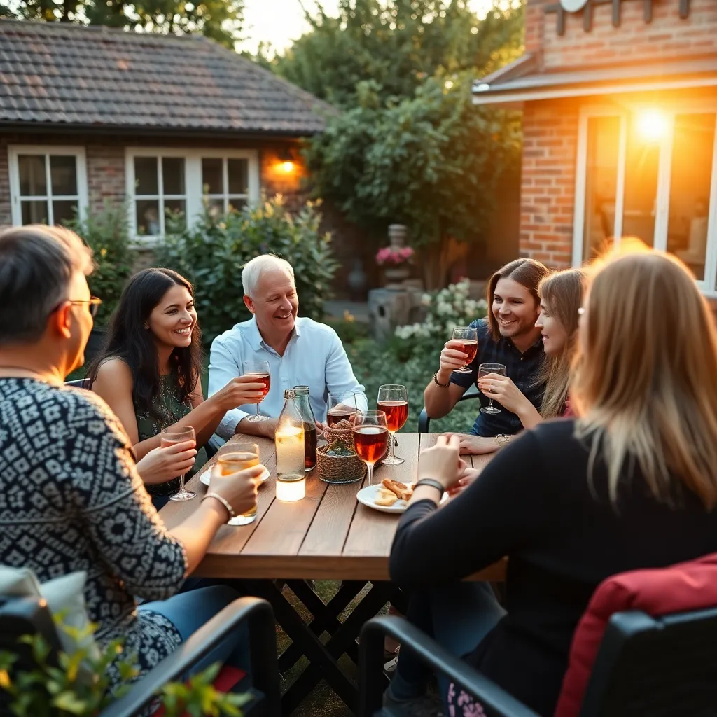 Diverse groep vrienden genietend van een gezellige borrel in een Nederlandse tuin