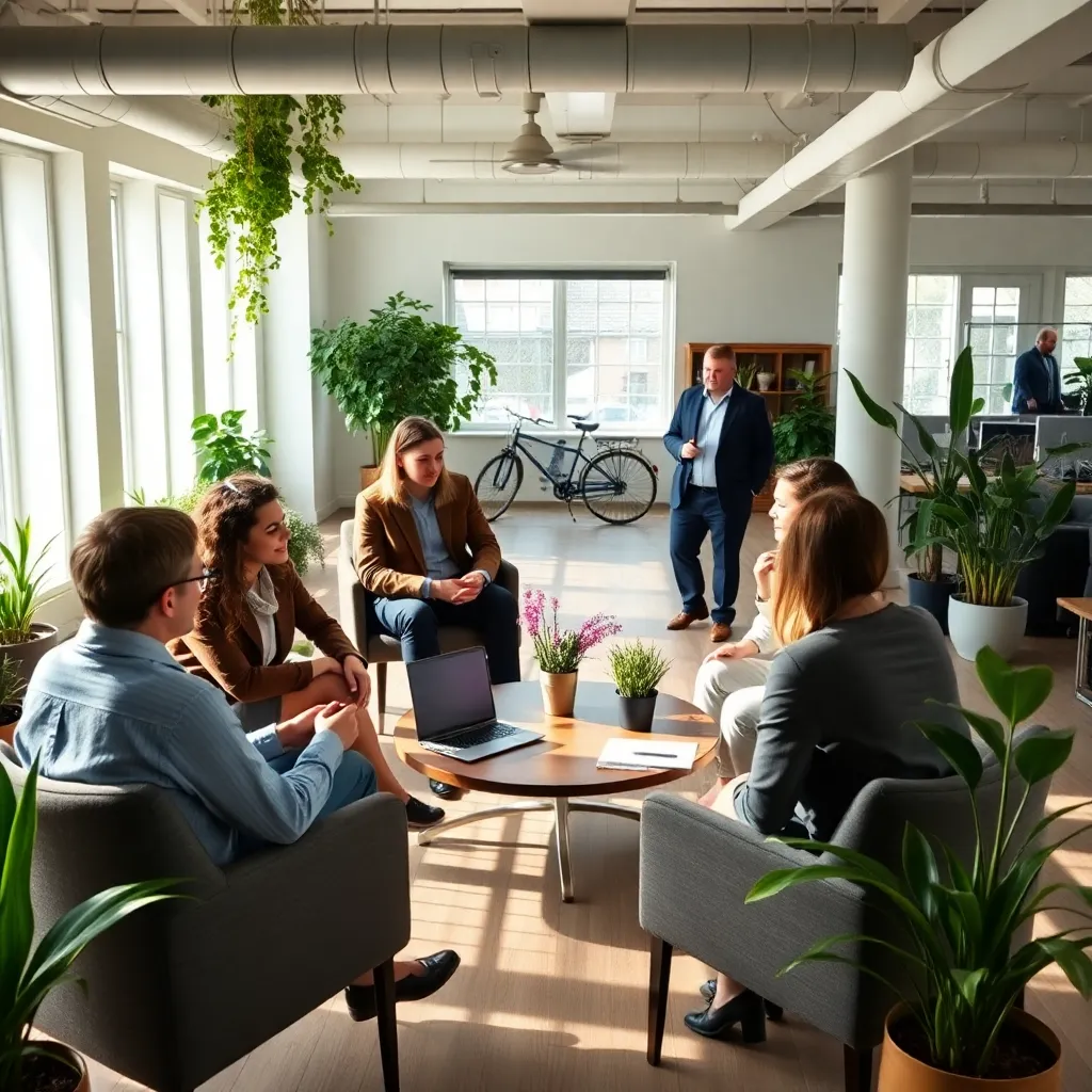 Nederlandse werkomgeving met open kantoorruimte en informele vergadering