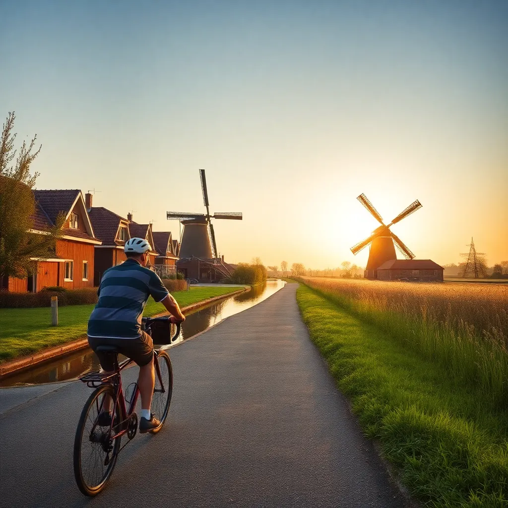 Een persoon die fietst langs een Nederlands kanaal