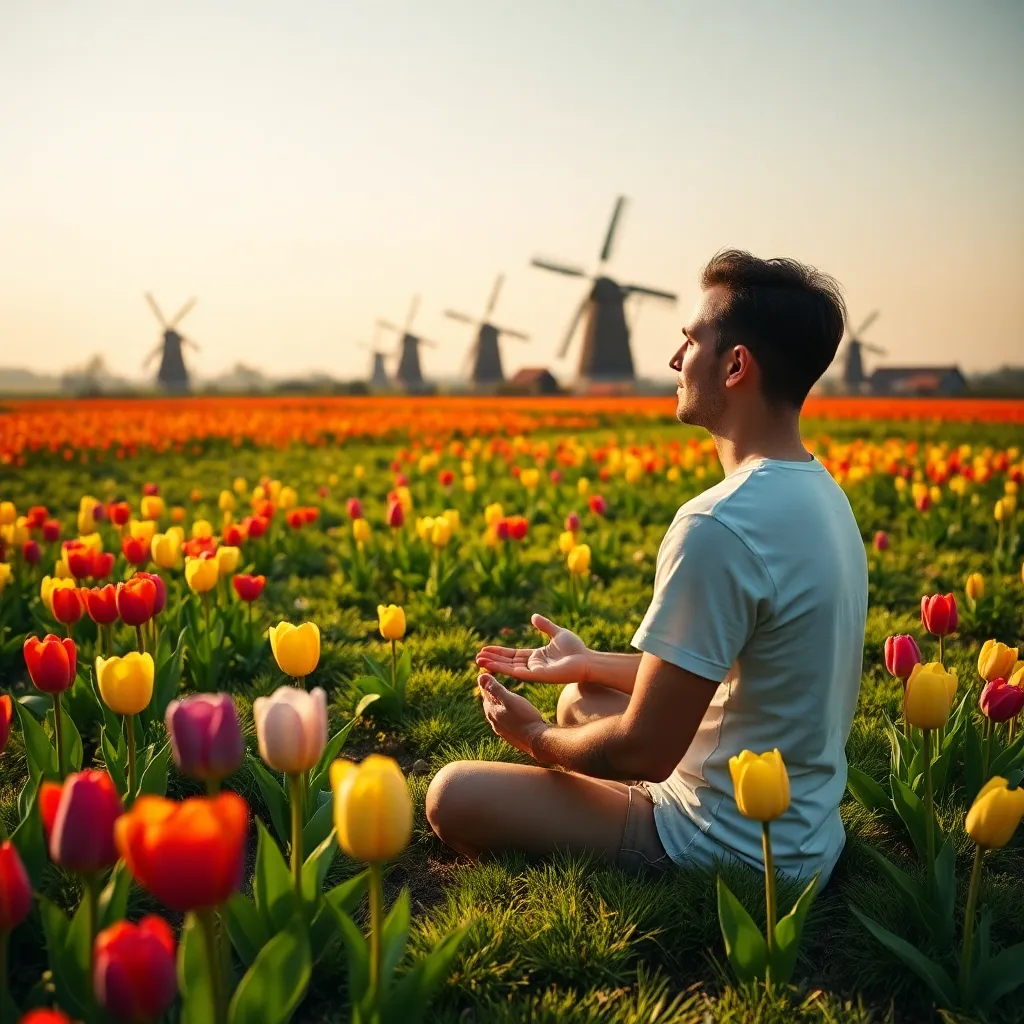 Persoon die mindfulness beoefent in Nederlands natuurgebied