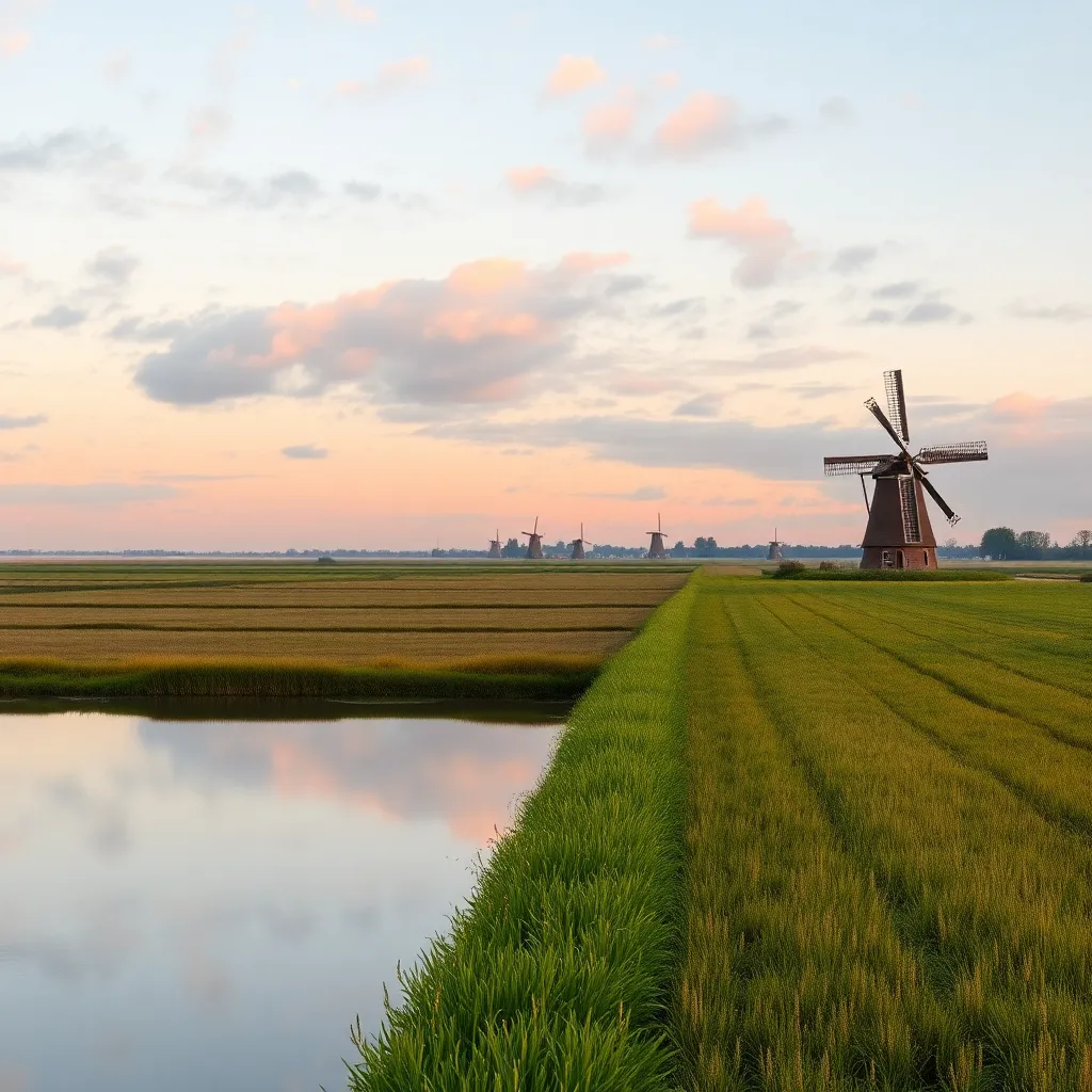 Rustgevend Nederlands polderlandschap met eindeloze horizon en reflecties in het water